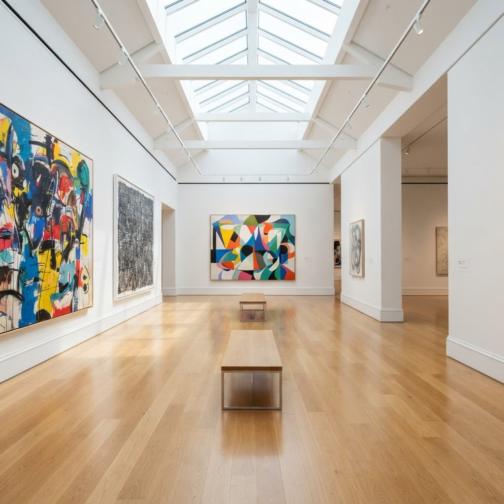 Helles, modernes Galerieinterieur mit weißen Wänden und Holzboden