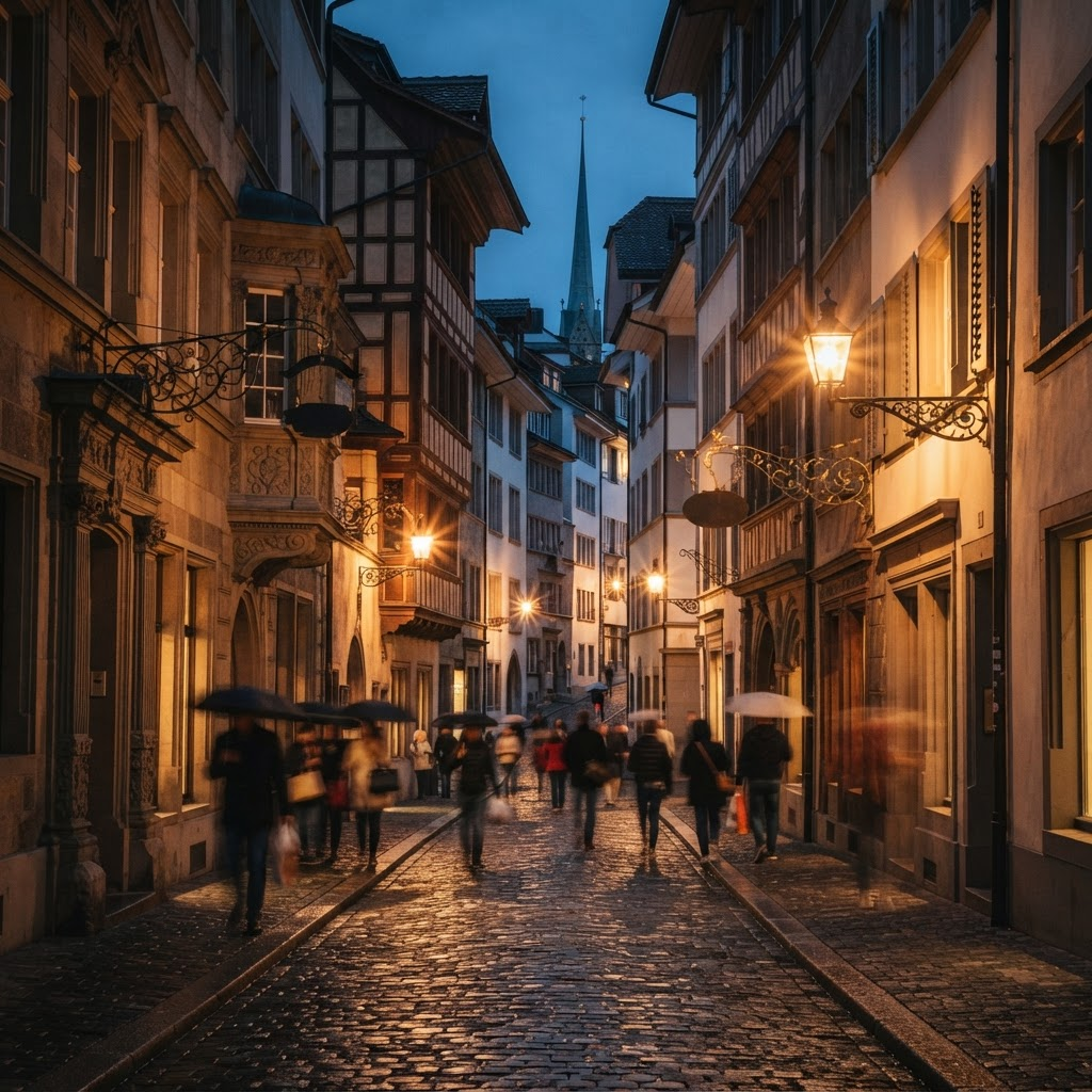 Zürichs historische Altstadt bei Dämmerung